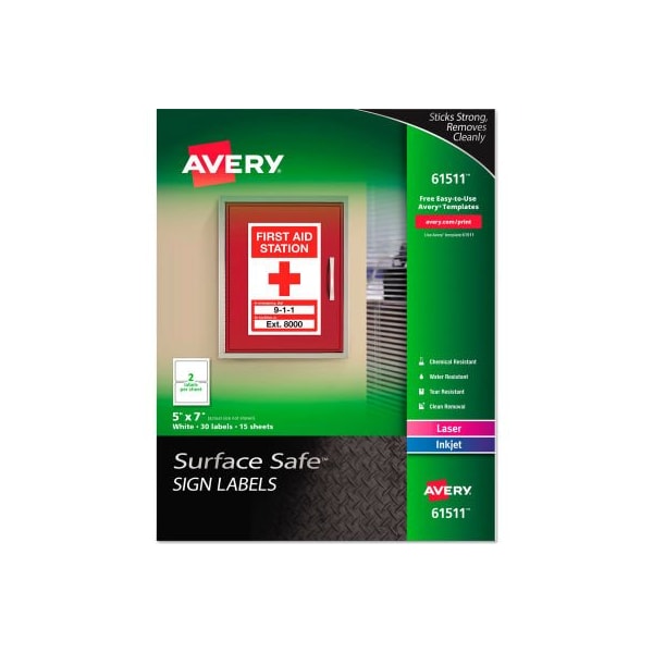 Avery Dennison Avery Surface Safe Sign Labels, 5in x 7in, White, 30/Pack 61511 - main